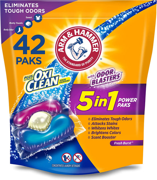 ARM & HAMMER Plus OxiClean 5-in-1 Liquid Detergent Power Pack with Odor Launchers, High Efficiency (HE), 42 Count